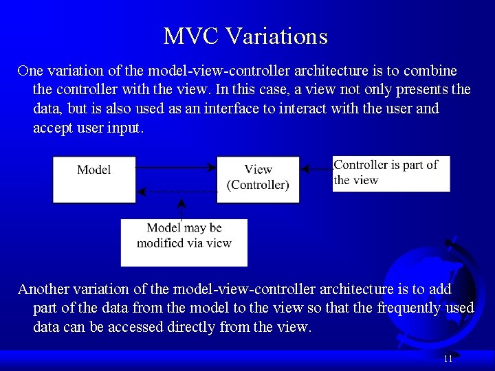 MVC Variations One variation of the model-view-controller architecture is to combine the controller with