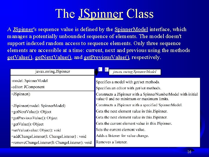 The JSpinner Class A JSpinner's sequence value is defined by the Spinner. Model interface,
