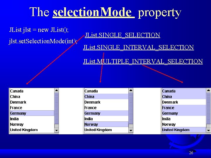 The selection. Mode property JList jlst = new JList(); jlst. set. Selection. Mode(int); JList.