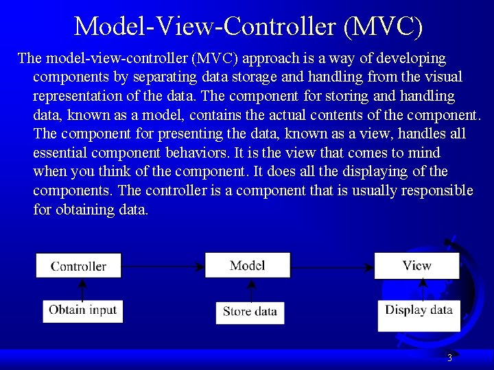 Model-View-Controller (MVC) The model-view-controller (MVC) approach is a way of developing components by separating