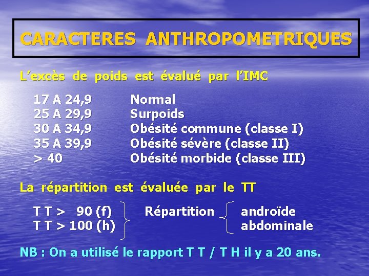 CARACTERES ANTHROPOMETRIQUES L’excès de poids est évalué par l’IMC 17 A 24, 9 25