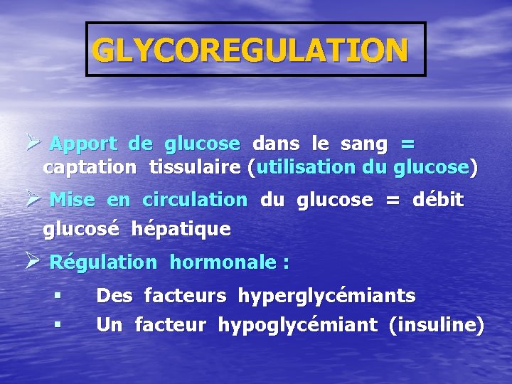 GLYCOREGULATION Ø Apport de glucose dans le sang = captation tissulaire (utilisation du glucose)
