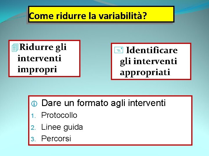 Come ridurre la variabilità? 4 Ridurre gli interventi impropri + Identificare gli interventi appropriati