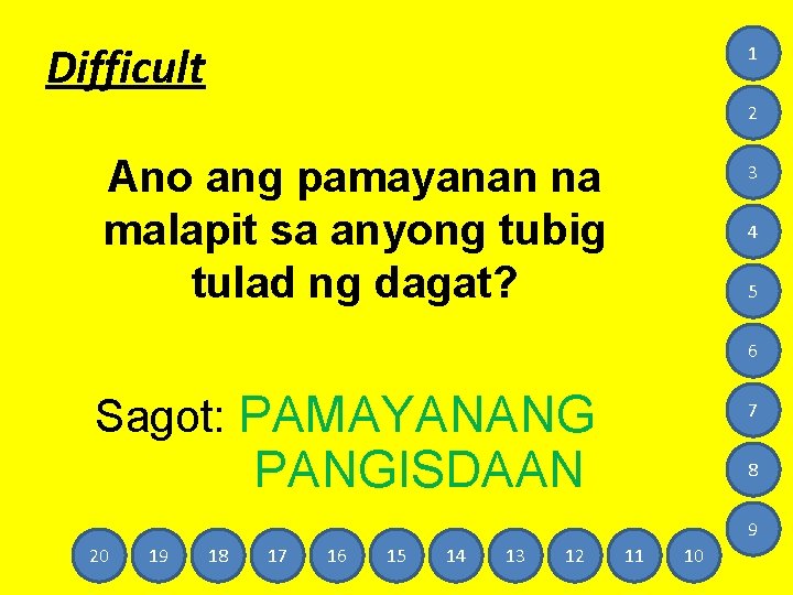 Difficult 1 2 Ano ang pamayanan na malapit sa anyong tubig tulad ng dagat?