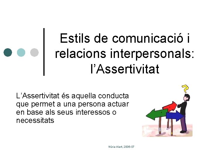Estils de comunicació i relacions interpersonals: l’Assertivitat L’Assertivitat és aquella conducta que permet a