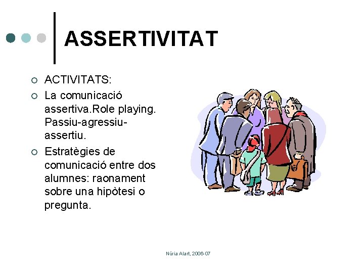 ASSERTIVITAT ¢ ¢ ¢ ACTIVITATS: La comunicació assertiva. Role playing. Passiu-agressiuassertiu. Estratègies de comunicació