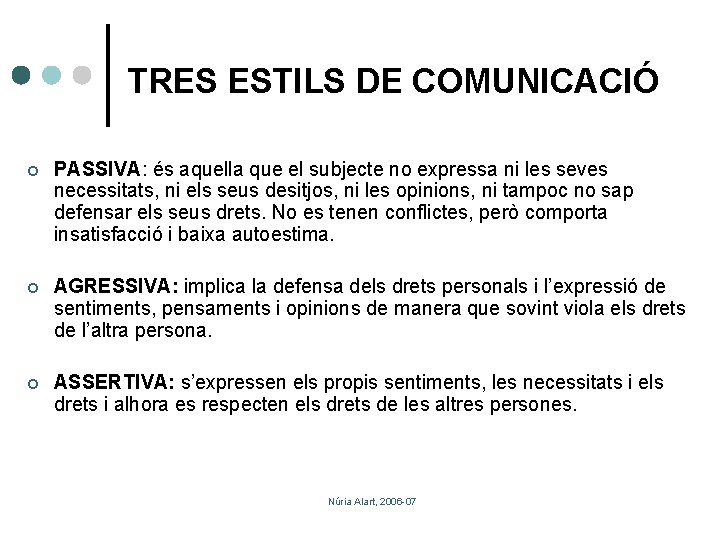 TRES ESTILS DE COMUNICACIÓ ¢ PASSIVA: és aquella que el subjecte no expressa ni