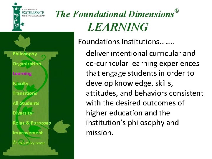 The Foundational Dimensions ® LEARNING Philosophy Organization Learning Faculty Transitions All Students Diversity Roles The Foundational Dimensions ® LEARNING Philosophy Organization Learning Faculty Transitions All Students Diversity Roles