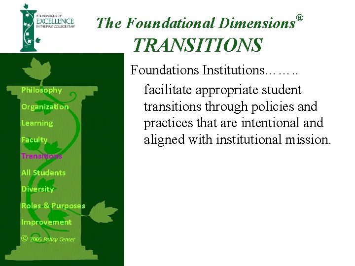 The Foundational Dimensions ® TRANSITIONS Philosophy Organization Learning Faculty Transitions All Students Diversity Roles The Foundational Dimensions ® TRANSITIONS Philosophy Organization Learning Faculty Transitions All Students Diversity Roles