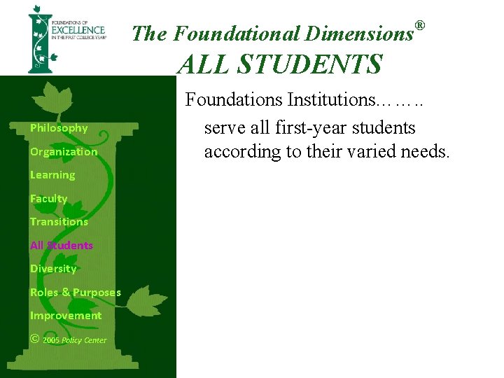 The Foundational Dimensions ® ALL STUDENTS Philosophy Organization Learning Faculty Transitions All Students Diversity The Foundational Dimensions ® ALL STUDENTS Philosophy Organization Learning Faculty Transitions All Students Diversity