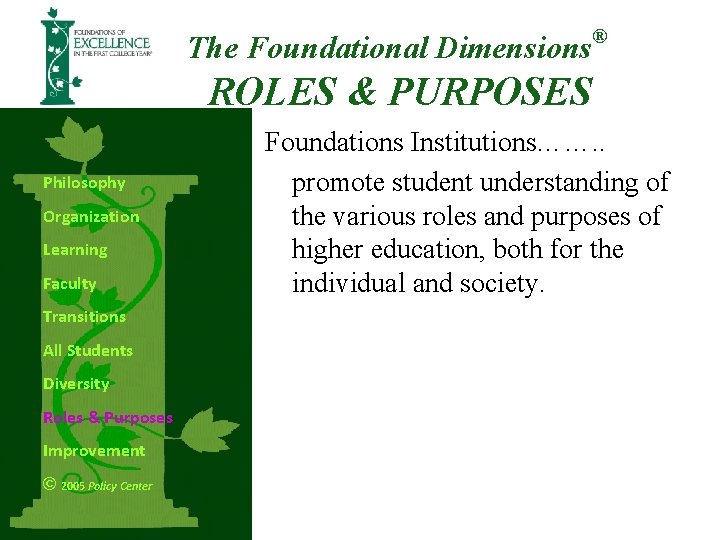 The Foundational Dimensions ® ROLES & PURPOSES Philosophy Organization Learning Faculty Transitions All Students The Foundational Dimensions ® ROLES & PURPOSES Philosophy Organization Learning Faculty Transitions All Students