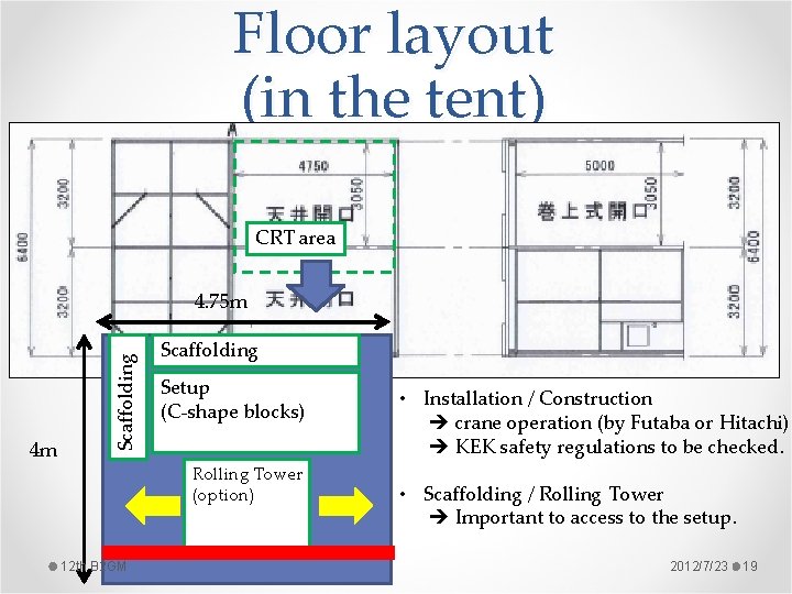 Floor layout (in the tent) CRT area 4 m Scaffolding 4. 75 m Scaffolding Floor layout (in the tent) CRT area 4 m Scaffolding 4. 75 m Scaffolding