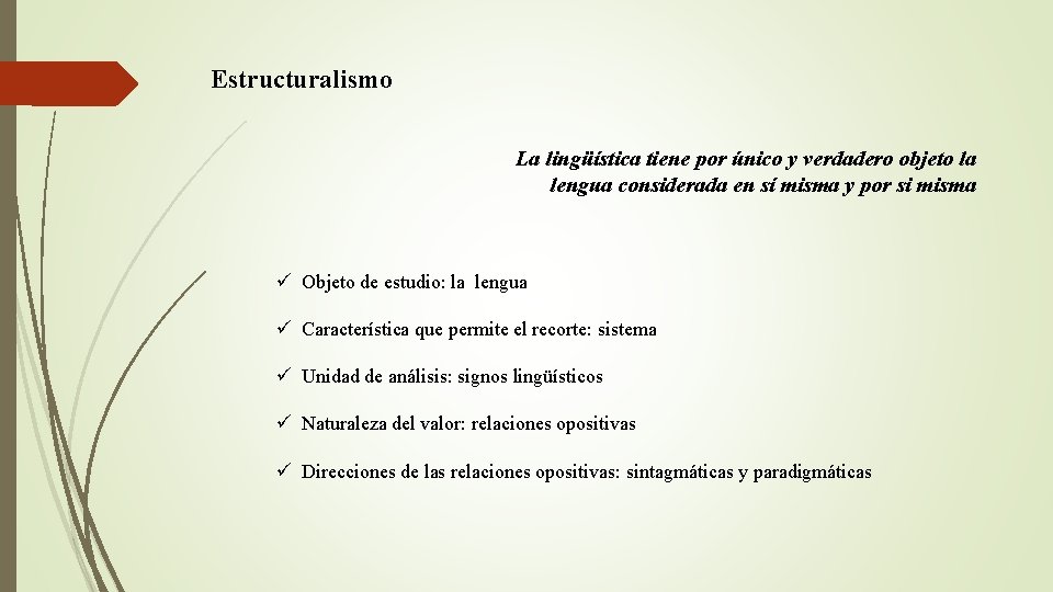 Estructuralismo La lingüística tiene por único y verdadero objeto la lengua considerada en sí