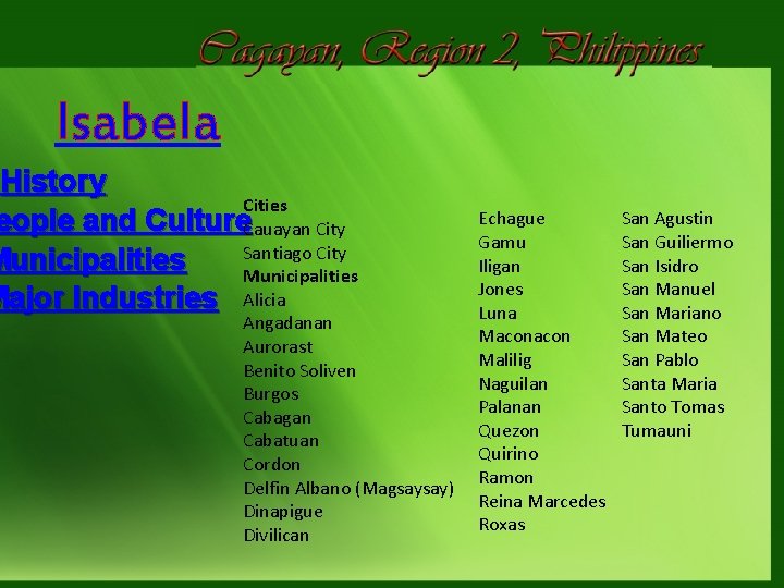 Isabela History Cities eople and Culture. Cauayan City Santiago City Municipalities Major Industries Alicia