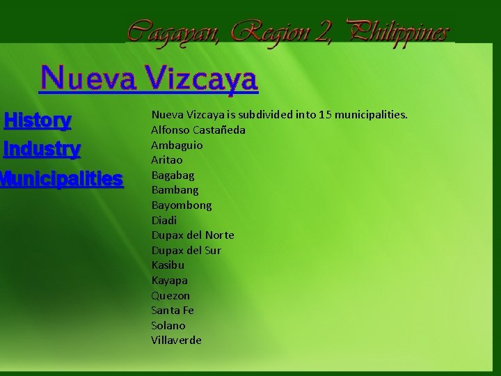 Nueva Vizcaya History Industry Municipalities Nueva Vizcaya is subdivided into 15 municipalities. Alfonso Castañeda