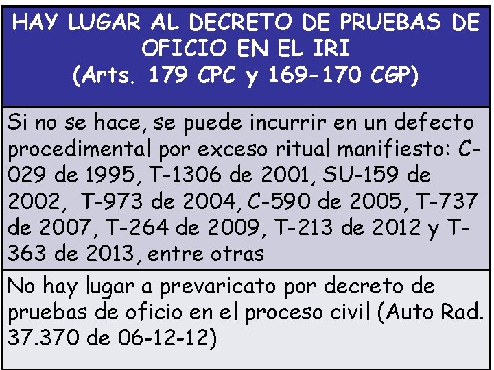 HAY LUGAR AL DECRETO DE PRUEBAS DE OFICIO EN EL IRI (Arts. 179 CPC
