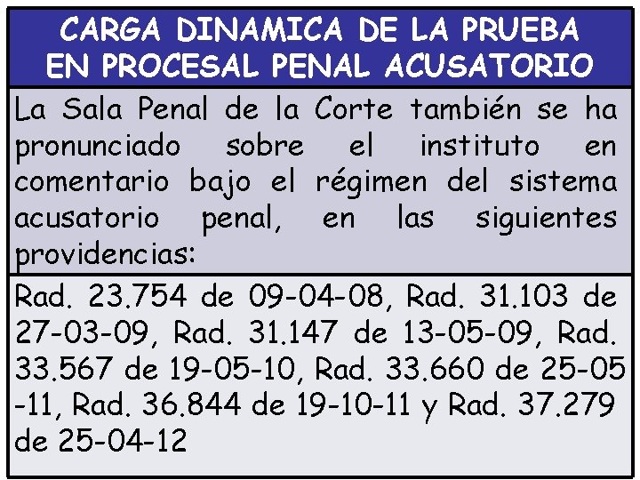 CARGA DINAMICA DE LA PRUEBA EN PROCESAL PENAL ACUSATORIO La Sala Penal de la
