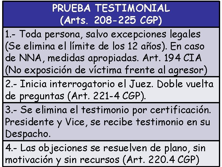 PRUEBA TESTIMONIAL (Arts. 208 -225 CGP) 1. - Toda persona, salvo excepciones legales (Se