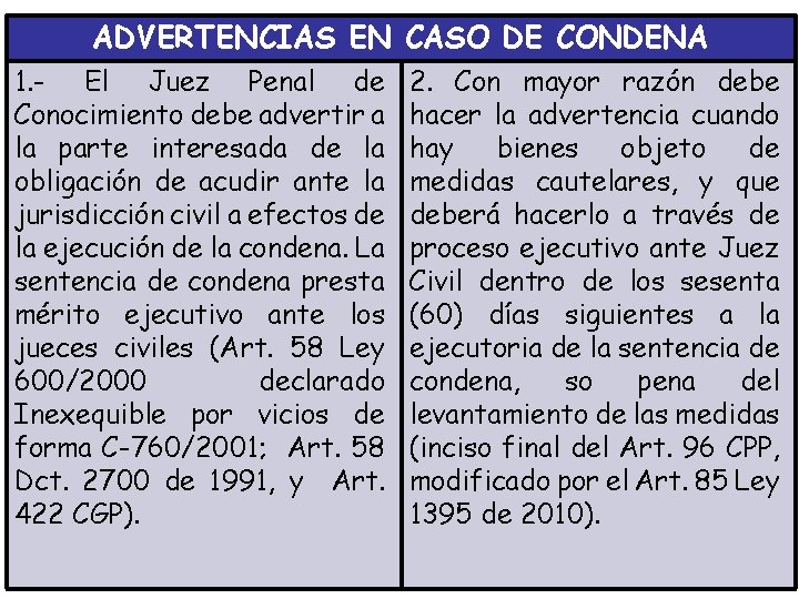 ADVERTENCIAS EN CASO DE CONDENA 1. - El Juez Penal de Conocimiento debe advertir