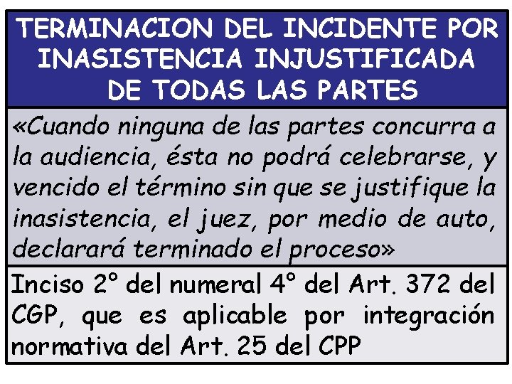 TERMINACION DEL INCIDENTE POR INASISTENCIA INJUSTIFICADA DE TODAS LAS PARTES «Cuando ninguna de las