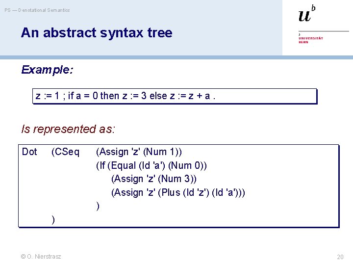 PS — Denotational Semantics An abstract syntax tree Example: z : = 1 ;