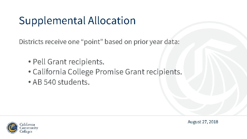 Supplemental Allocation Districts receive one “point” based on prior year data: • Pell Grant