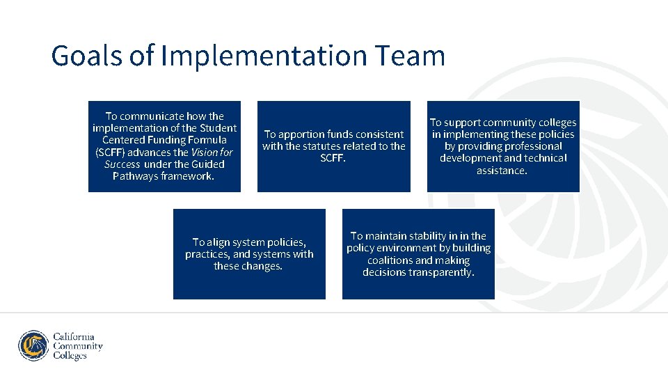 Goals of Implementation Team To communicate how the implementation of the Student Centered Funding