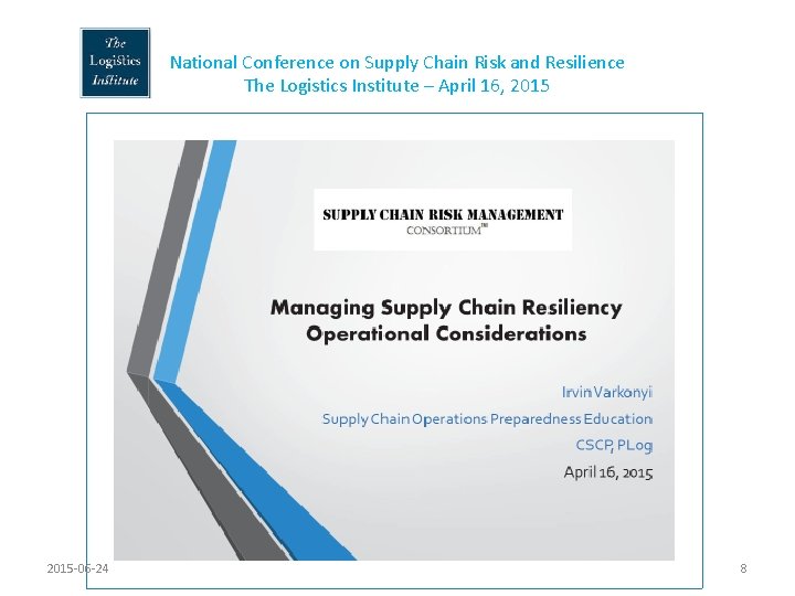 National Conference on Supply Chain Risk and Resilience The Logistics Institute – April 16,