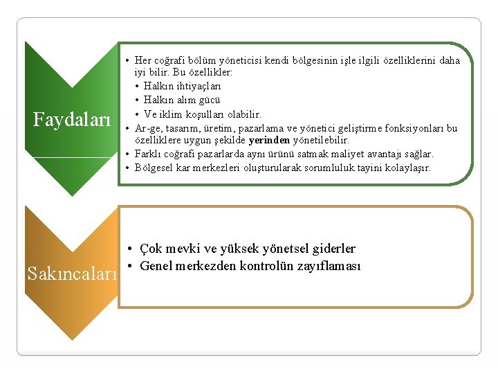Faydaları Sakıncaları • Her coğrafi bölüm yöneticisi kendi bölgesinin işle ilgili özelliklerini daha iyi