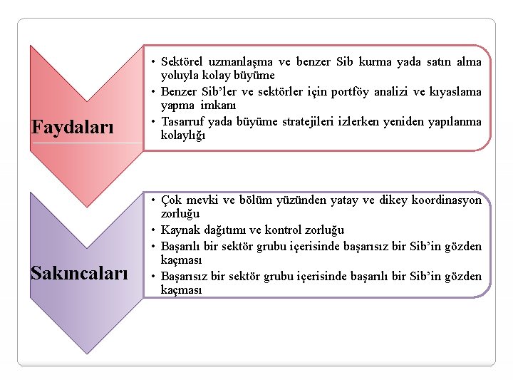 Faydaları Sakıncaları • Sektörel uzmanlaşma ve benzer Sib kurma yada satın alma yoluyla kolay