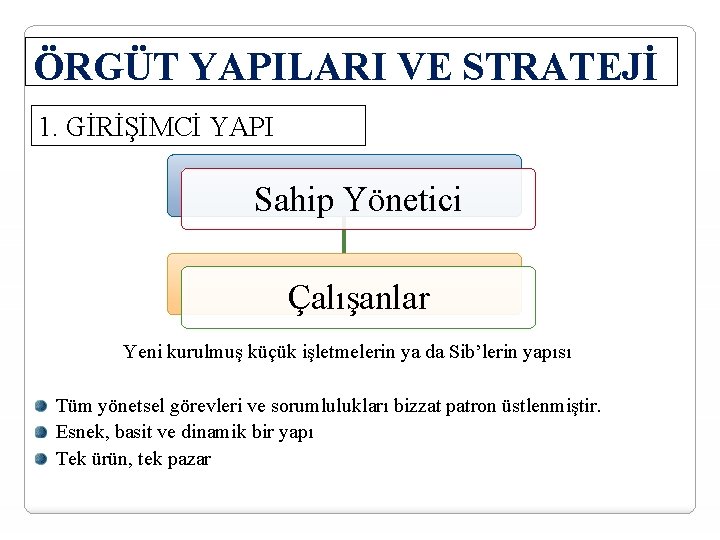 ÖRGÜT YAPILARI VE STRATEJİ 1. GİRİŞİMCİ YAPI Sahip Yönetici Çalışanlar Yeni kurulmuş küçük işletmelerin