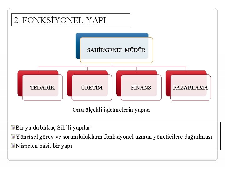 2. FONKSİYONEL YAPI SAHİP/GENEL MÜDÜR TEDARİK ÜRETİM FİNANS PAZARLAMA Orta ölçekli işletmelerin yapısı Bir