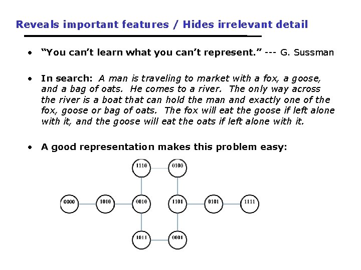 Reveals important features / Hides irrelevant detail • “You can’t learn what you can’t