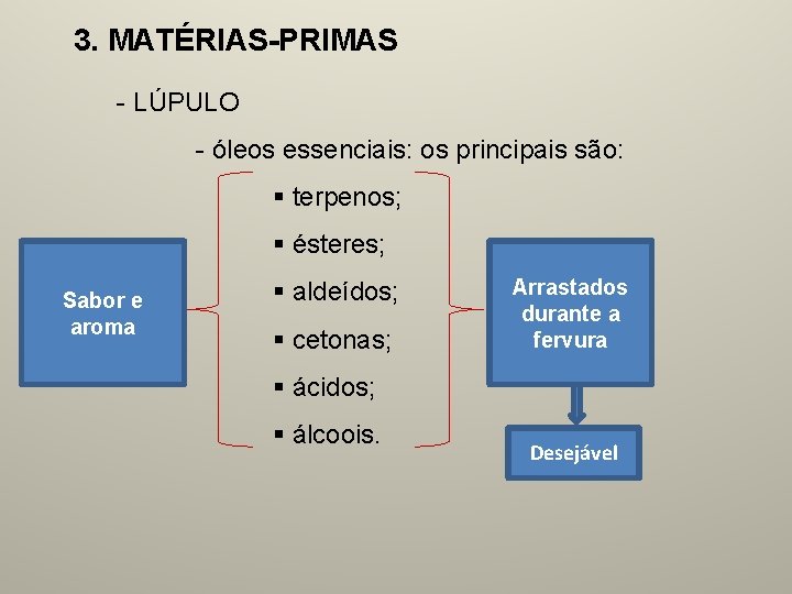 3. MATÉRIAS-PRIMAS - LÚPULO - óleos essenciais: os principais são: § terpenos; § ésteres;