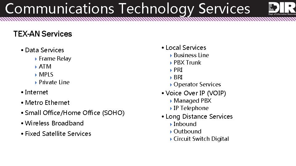 Communications Technology Services TEX-AN Services • Data Services 4 Frame Relay 4 ATM 4