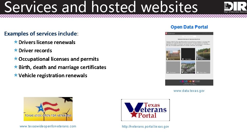 Services and hosted websites Open Data Portal Examples of services include: «Drivers license renewals