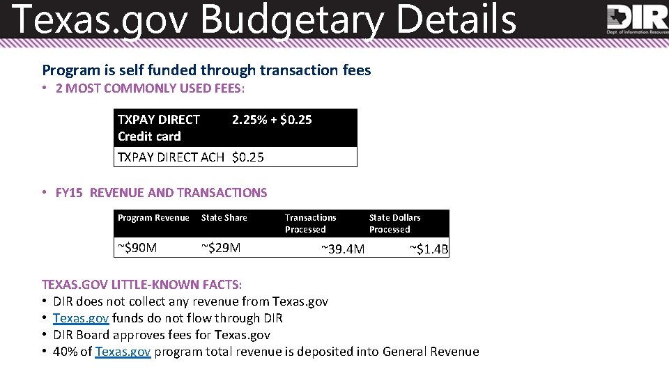Texas. gov Budgetary Details Program is self funded through transaction fees • 2 MOST