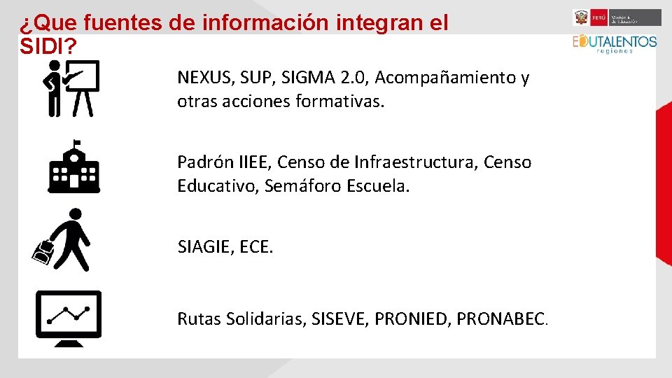 ¿Que fuentes de información integran el SIDI? NEXUS, SUP, SIGMA 2. 0, Acompañamiento y