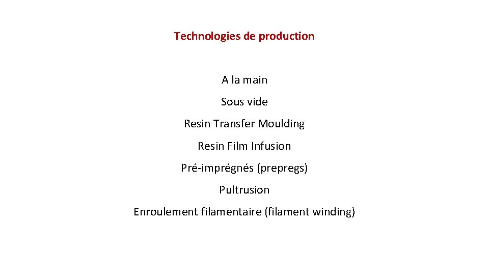 Technologies de production A la main Sous vide Resin Transfer Moulding Resin Film Infusion