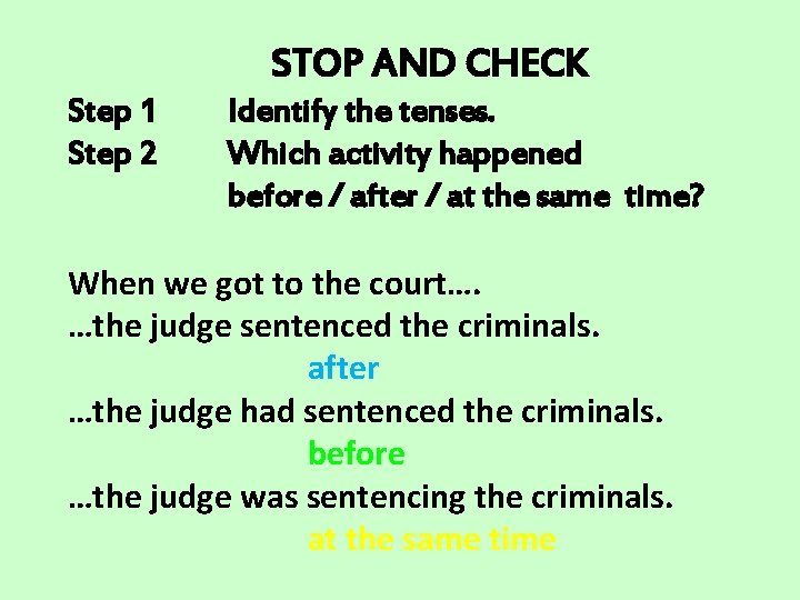 STOP AND CHECK Step 1 Step 2 Identify the tenses. Which activity happened before