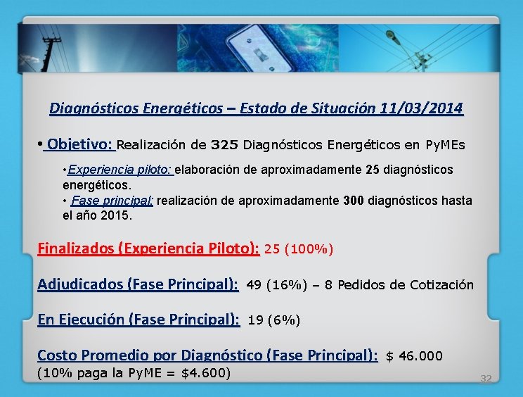 Diagnósticos Energéticos – Estado de Situación 11/03/2014 • Objetivo: Realización de 325 Diagnósticos Energéticos