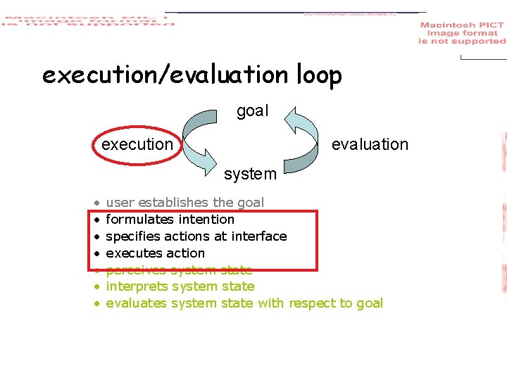 execution/evaluation loop goal execution evaluation system • • user establishes the goal formulates intention