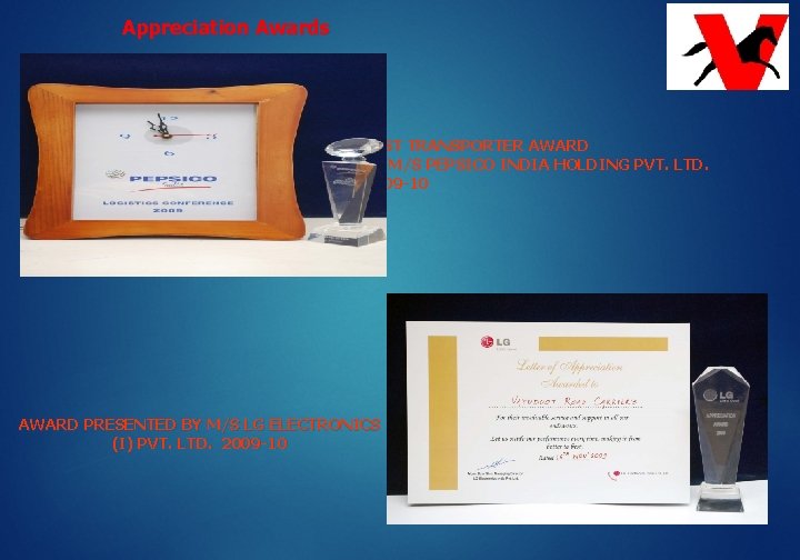 Appreciation Awards BEST TRANSPORTER AWARD BY M/S PEPSICO INDIA HOLDING PVT. LTD. 2009 -10