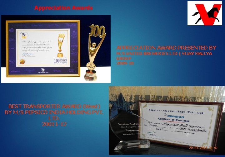 Appreciation Awards APPRECIATION AWARD PRESENTED BY M/S UNITED BREWERIES LTD ( VIJAY MALLYA GROUP