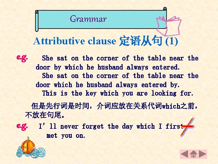 Grammar Attributive clause 定语从句 (1) e. g. She sat on the corner of the