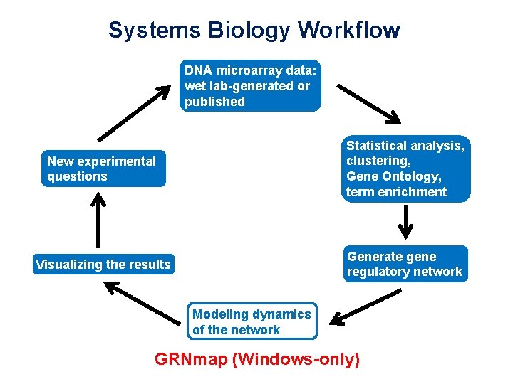 Systems Biology Workflow DNA microarray data: wet lab-generated or published New experimental questions Statistical