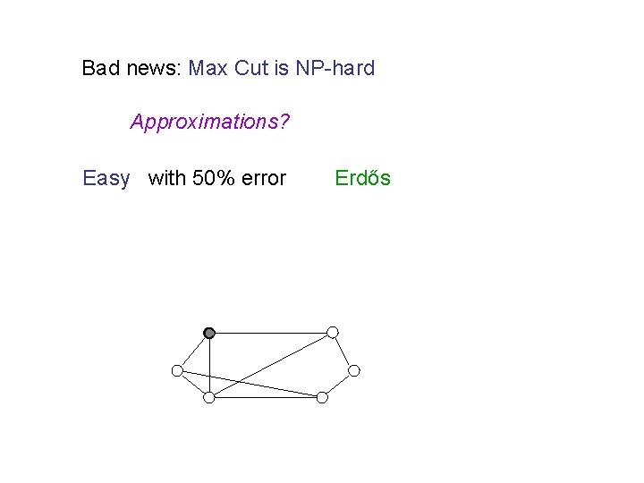 Bad news: Max Cut is NP-hard Approximations? Easy with 50% error C Erdős 