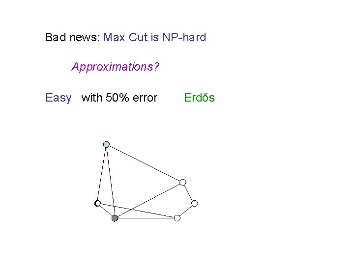 Bad news: Max Cut is NP-hard Approximations? Easy with 50% error C Erdős 