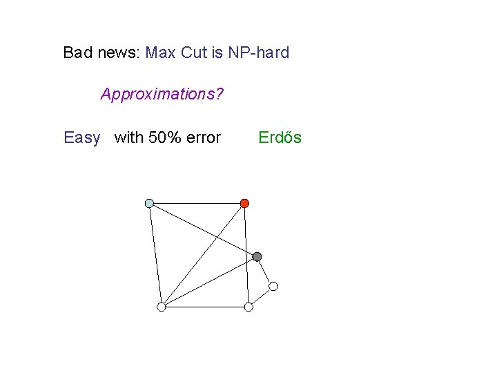 Bad news: Max Cut is NP-hard Approximations? Easy with 50% error Erdős 