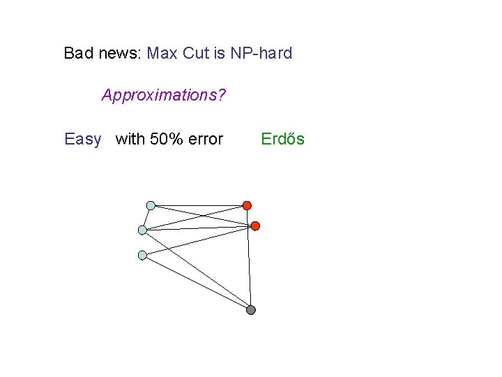 Bad news: Max Cut is NP-hard Approximations? Easy with 50% error Erdős 